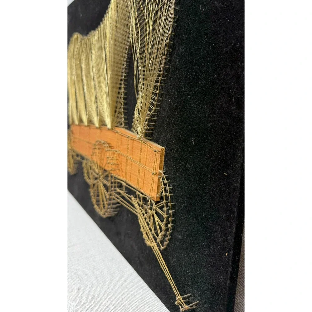 Vintage String Art Covered Wagon Pioneer Days Western Folk Art Velvet 20x16